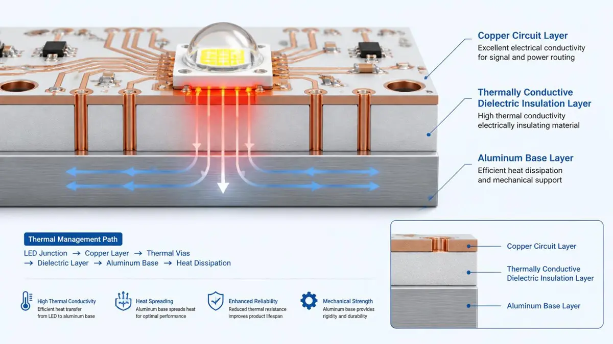 Cross-section illustration of an Aluminum Base PCB showing the copper circuit layer, dielectric insulation layer, aluminum base, and thermal management path for high-power LEDs.