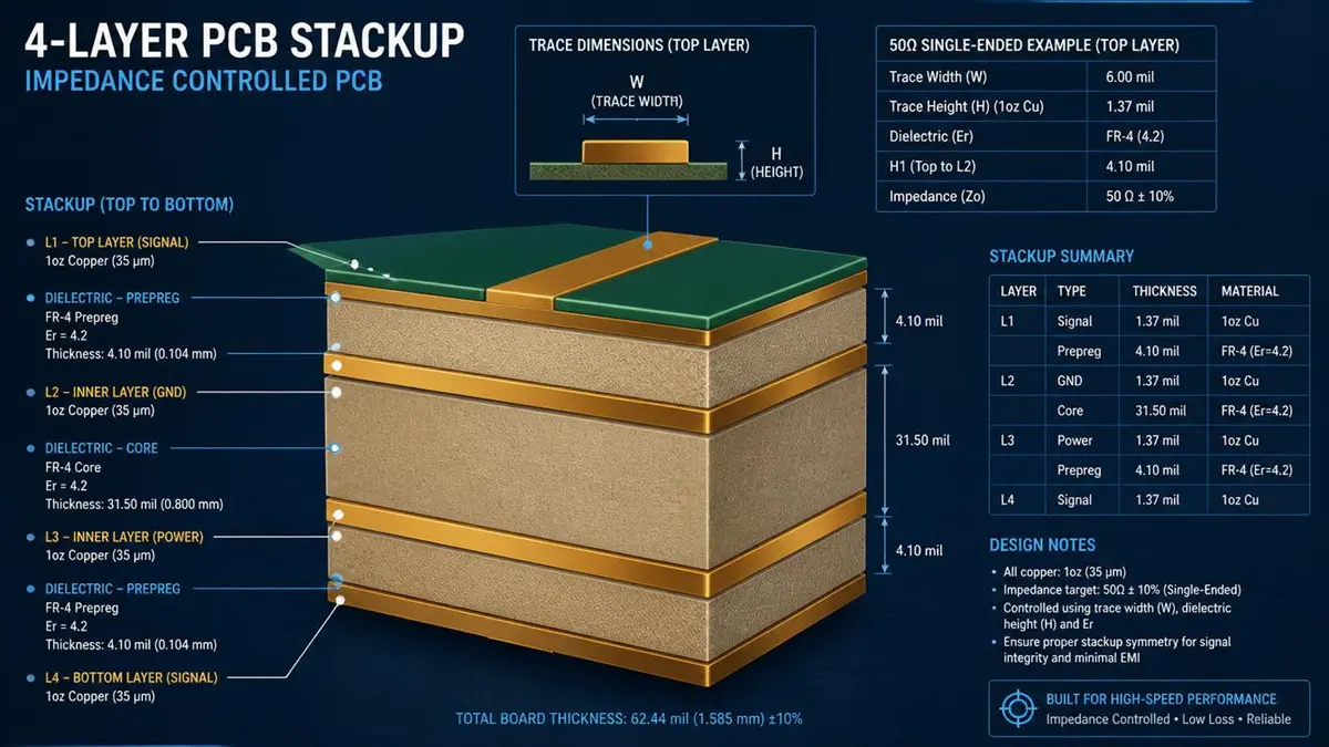 4-layer impedance controlled pcb prototype stackup diagram with trace dimensions and dielectric thickness