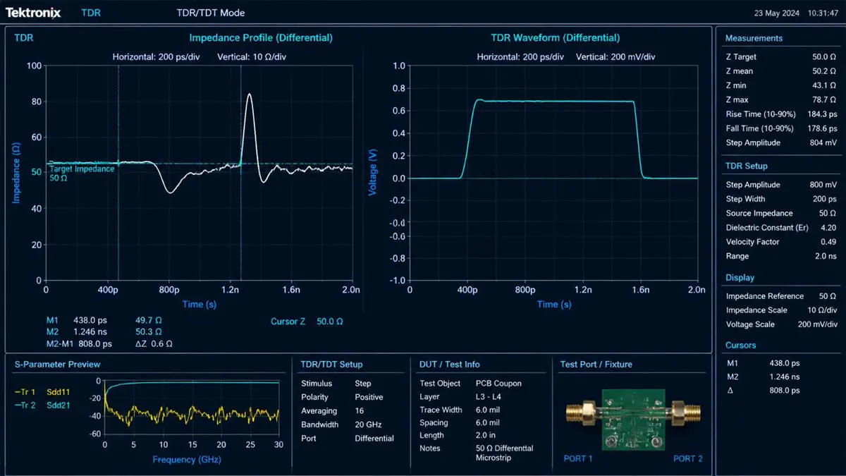 impedance controlled pcb prototype TDR waveform and impedance measurement display