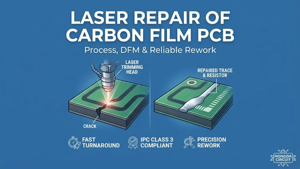 Technical infographic showing laser trimming head repairing a crack on a carbon film PCB trace, with before and after views and Hongda Circuit branding.