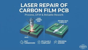 Technical infographic showing laser trimming head repairing a crack on a carbon film PCB trace, with before and after views and Hongda Circuit branding.