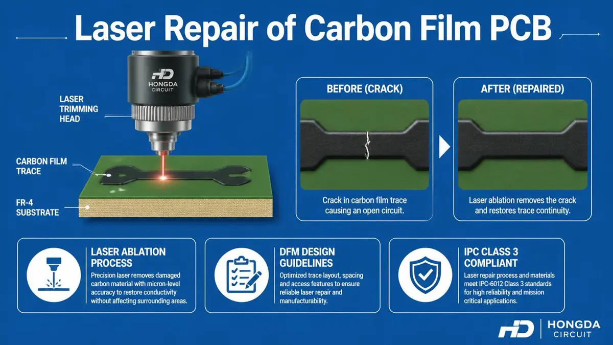 Technical infographic illustrating laser repair of carbon film PCB trace on FR-4 substrate by Hongda Circuit, featuring before-and-after crack repair comparison, laser ablation process, DFM design guidelines, and IPC Class 3 compliance.