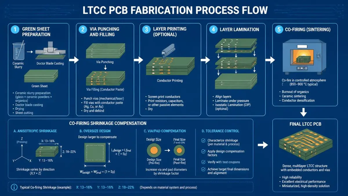 An engineering process flowchart for LTCC PCB fabrication, illustrating green sheet preparation, via punching and filling, layer lamination, co-firing, and shrinkage compensation on a technical blue background.