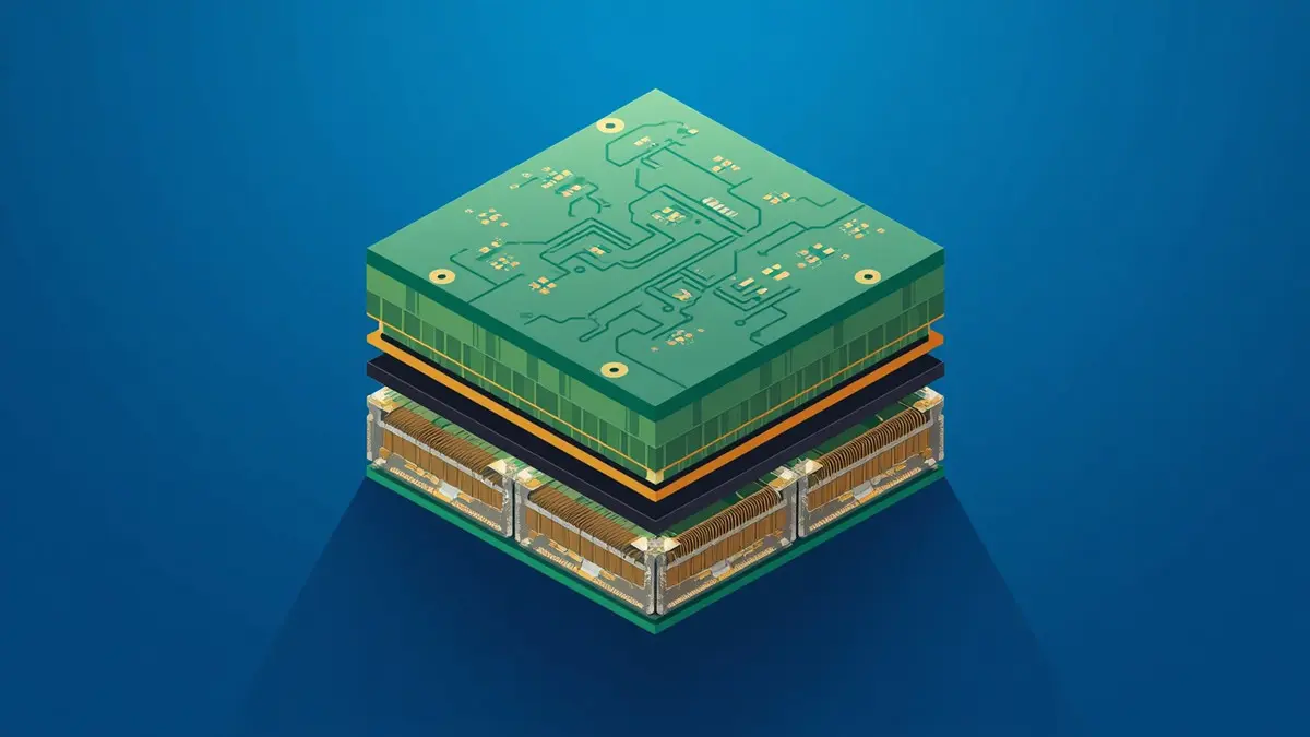 A clean technical illustration of an LTCC PCB multilayer substrate structure, showing stacked green tape layers, vertical conductive vias, and embedded components on a blue background.Illustration