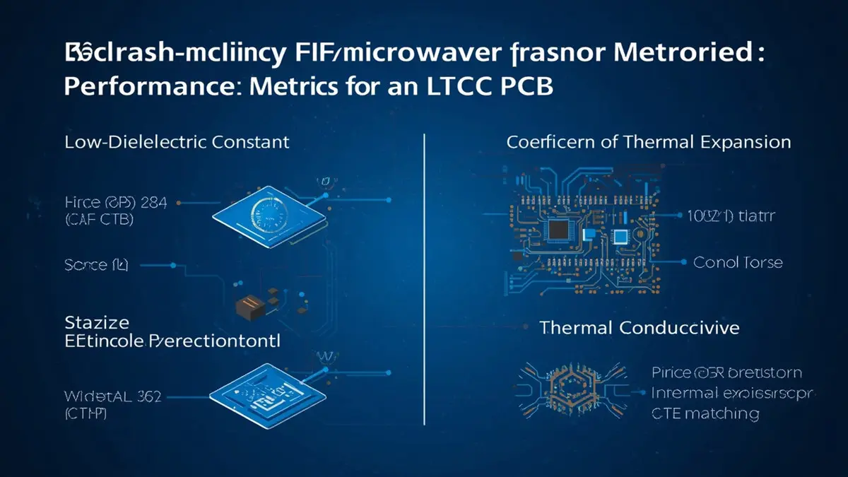 A technical diagram comparing high-frequency RF and microwave performance metrics for an LTCC PCB, highlighting dielectric loss, constant, thermal conductivity, and CTE matching on a blue background.