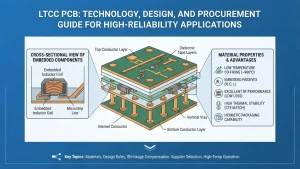 Detailed diagram of LTCC PCB multilayer substrate structure, showing embedded components, vertical vias, and material properties for high-reliability applications.