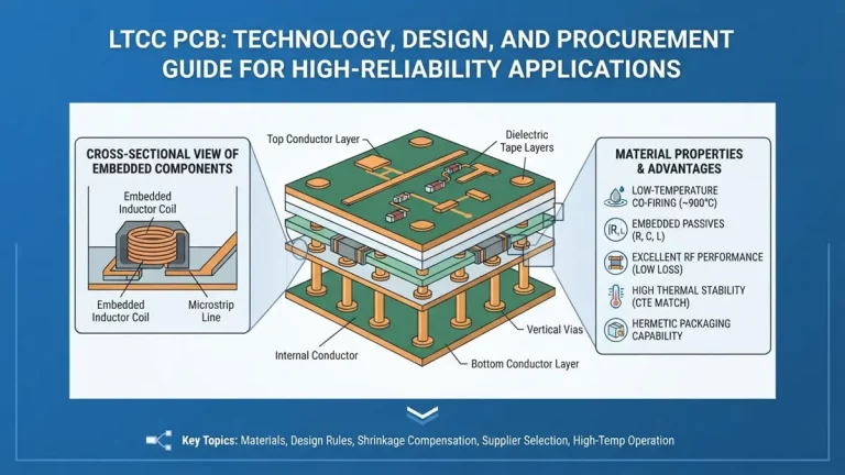 Detailed diagram of LTCC PCB multilayer substrate structure, showing embedded components, vertical vias, and material properties for high-reliability applications.