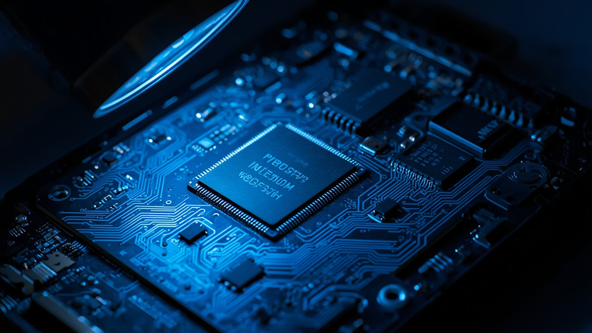 Close-up view of an SSD hard disk box PCBA board controller chip under blue LED magnifying light