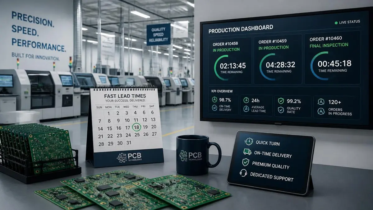 A professional production dashboard and clean workspace showcasing fast lead times and efficient delivery management from a leading pcb manufacturing supplier