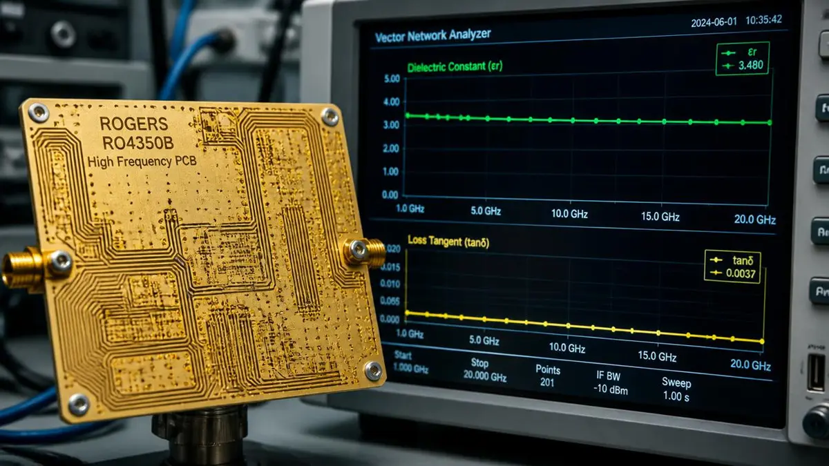 Rogers RO4350B high frequency PCB manufacturer testing dielectric constant and loss tangent curves on a vector network analyzer