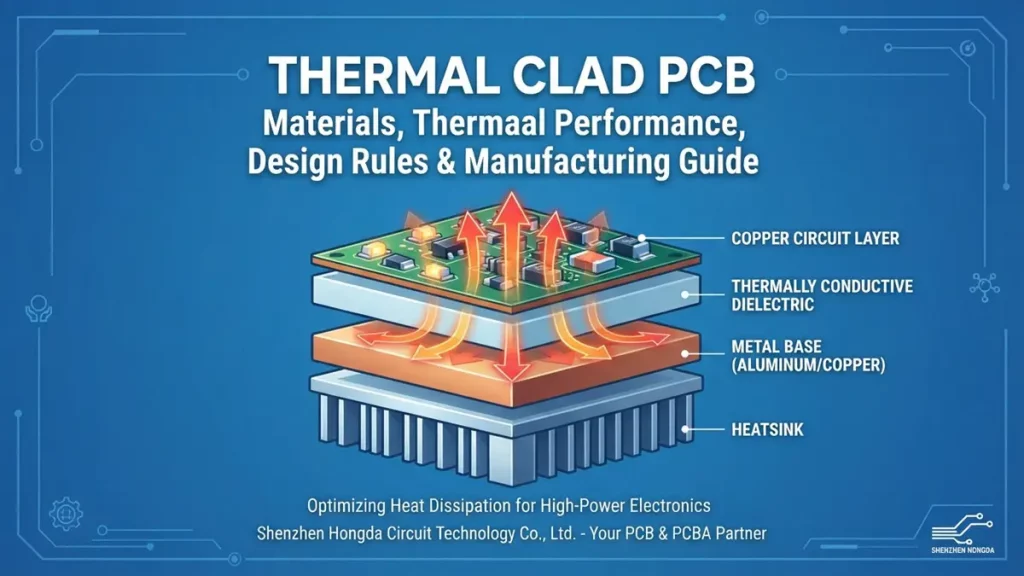 Thermal clad PCB layered stackup showing copper circuit, thermally conductive dielectric, metal base, and heatsink, illustrating heat dissipation in high-power electronics.
