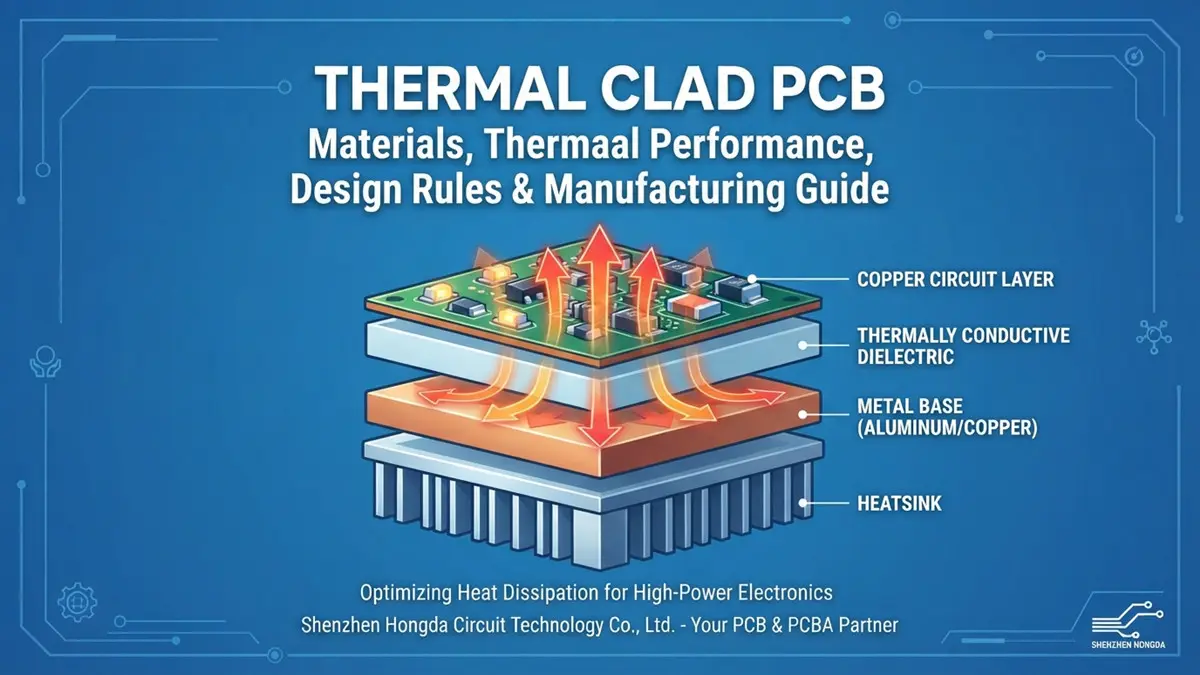 Thermal clad PCB layered stackup showing copper circuit, thermally conductive dielectric, metal base, and heatsink, illustrating heat dissipation in high-power electronics.