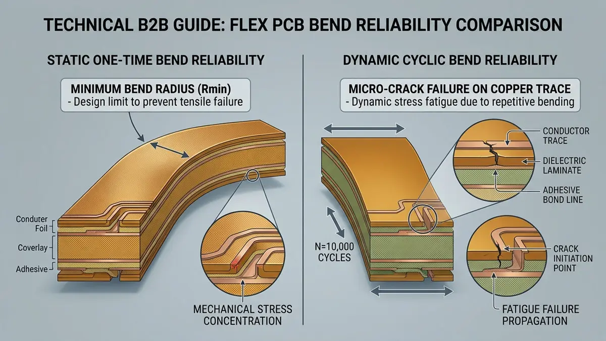 Flexible PCB base material selection diagram showing static flex, dynamic cyclic flex, bend radius and copper trace micro‑crack failure modes of flexible PCB