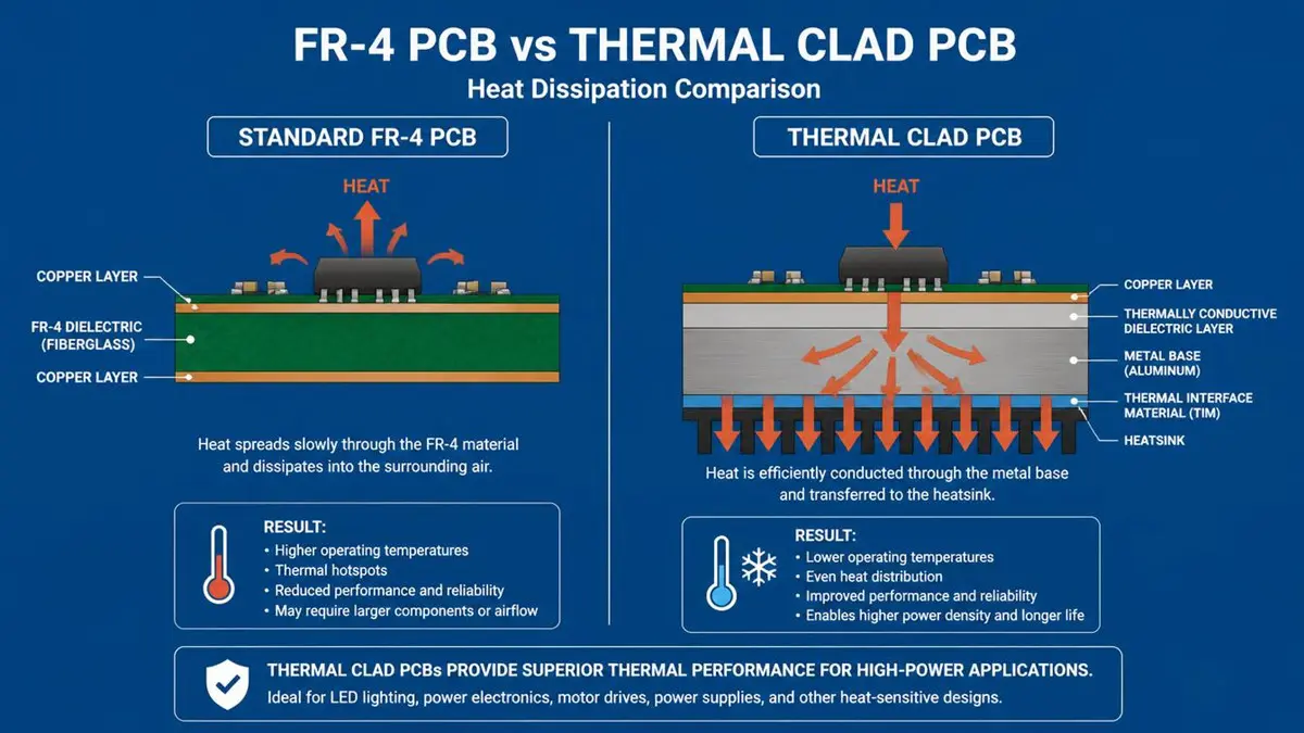 Infographic comparing heat dissipation between standard FR-4 PCB and thermal clad PCB, showing thermal paths through metal base and heatsink.