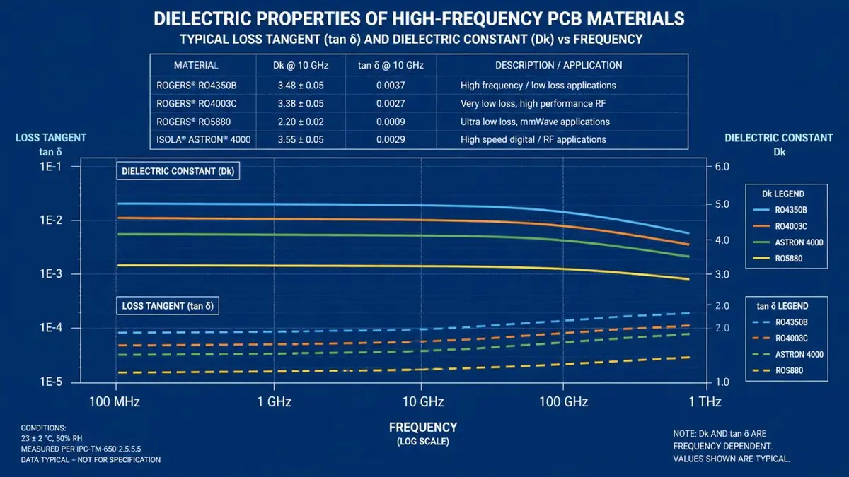 Professional engineering technical chart showing frequency versus loss tangent and dielectric constant curves for high-frequency PCB materials on a blue background