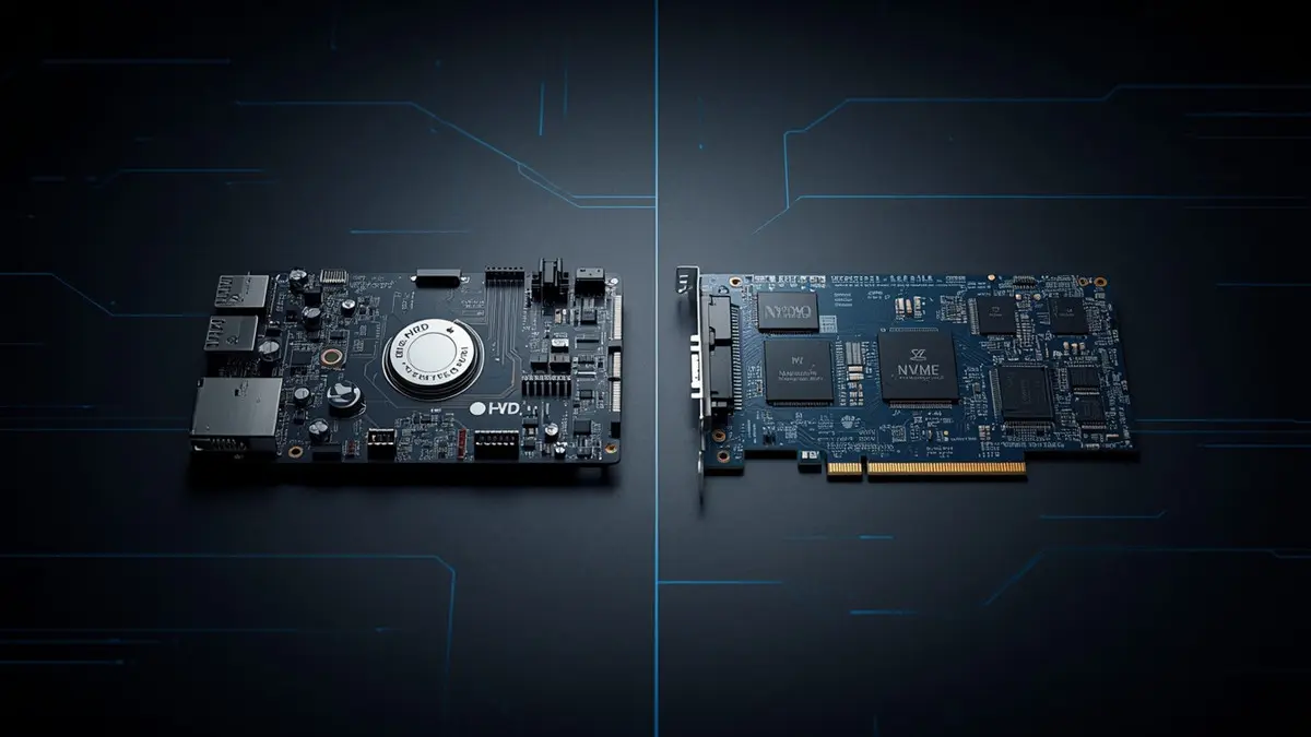Side-by-side studio comparison of a traditional hard drive PCB with motor control circuits and an SSD PCB with NAND flash memory chips and high-speed controller.