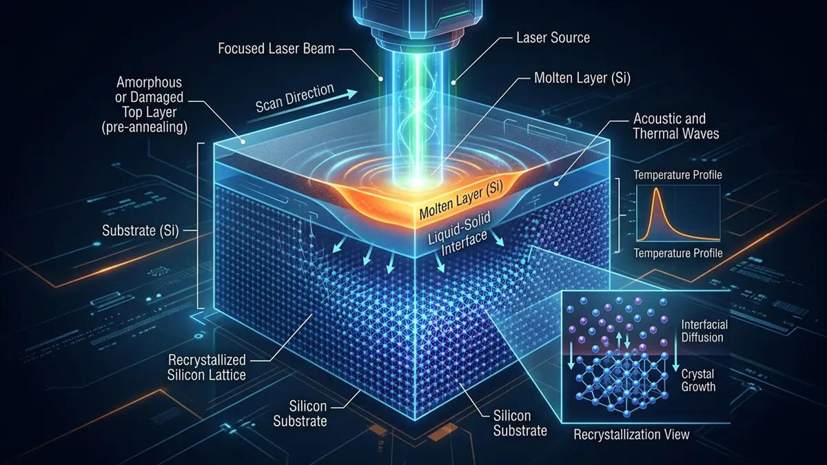 Laser annealing semiconductor melting and recrystallization process diagram on silicon wafer