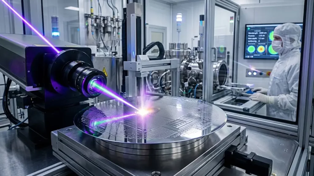 Laser annealing semiconductor process on silicon wafer in cleanroom manufacturing facility