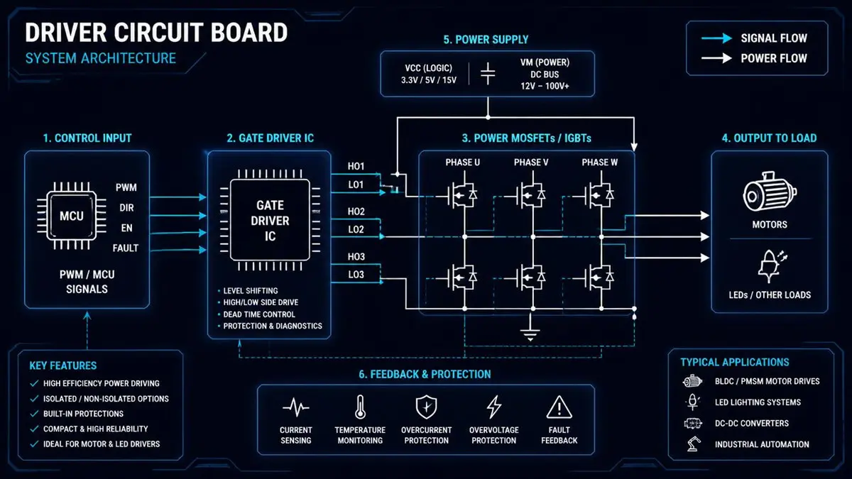 System architecture diagram to learn about driver circuit board design, showing control input, gate driver IC, power MOSFETs, and load output.