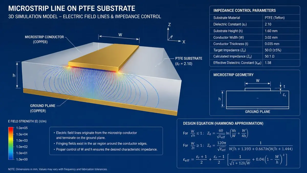 3D electromagnetic simulation model showing electric field lines, microstrip conductor, PTFE substrate, and impedance control parameters in a CAD engineering style