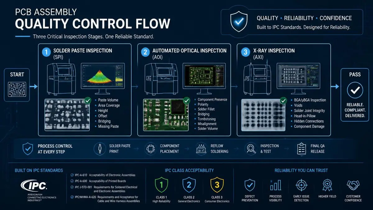 PCBA Quality Control Flowchart illustrating Solder Paste Inspection (SPI), Automated Optical Inspection (AOI), and X-Ray Inspection (AXI) aligned with IPC-A-610 standards.
