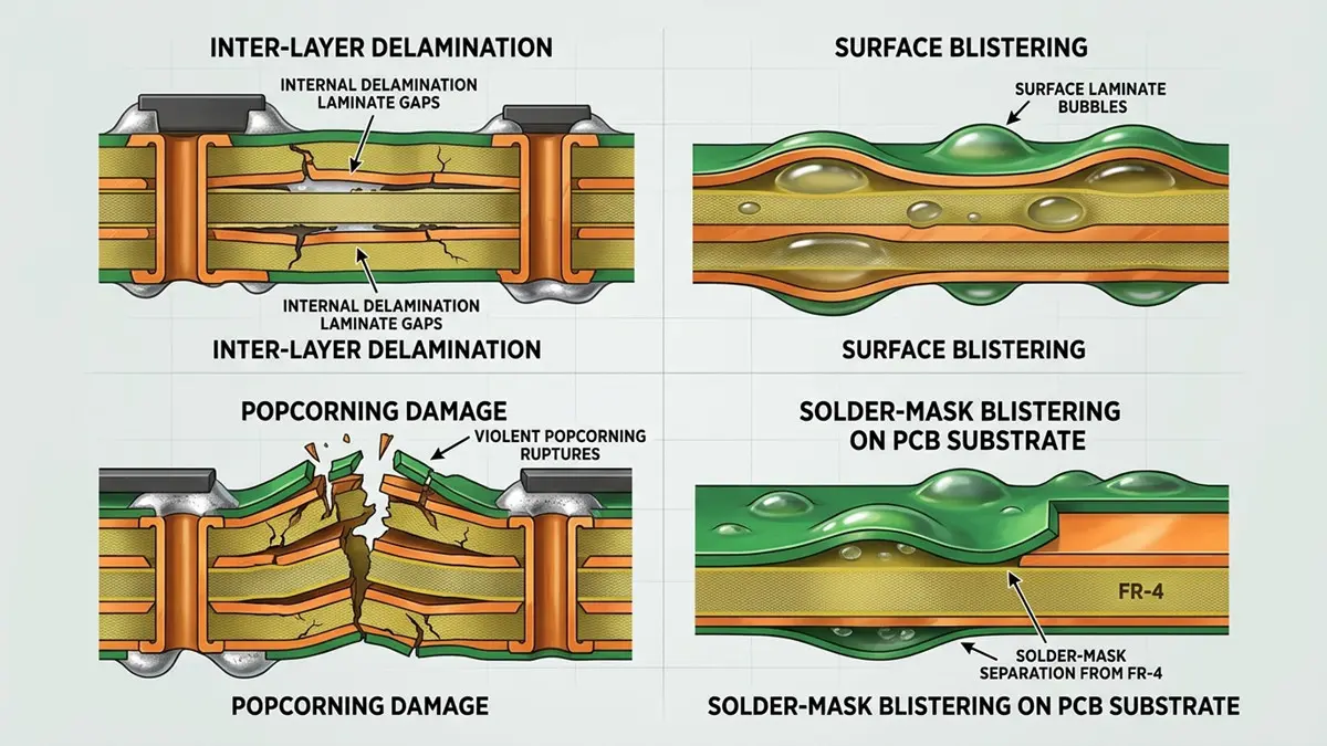 PCB burst plate reflow soldering defect modes classification: delamination, blistering, popcorning and solder‑mask blistering on PCB substrate
