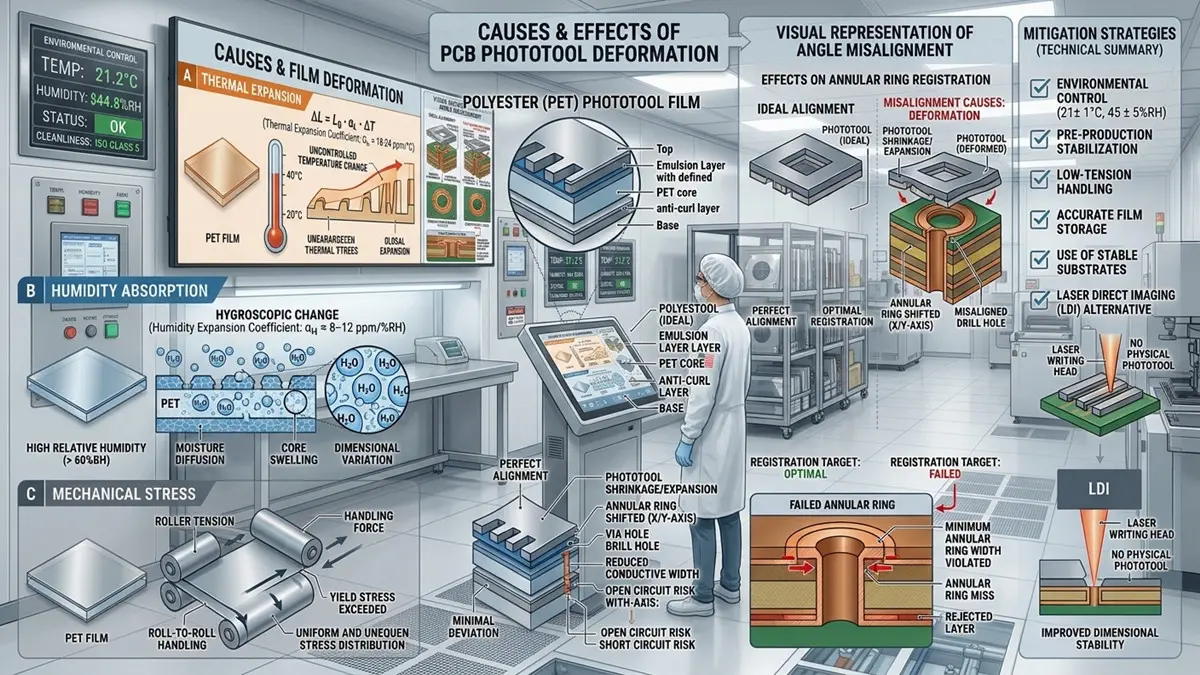 A high-tech PCB manufacturing cleanroom facility featuring precise temperature and humidity digital control displays, film storage racks, and Laser Direct Imaging (LDI) technology.