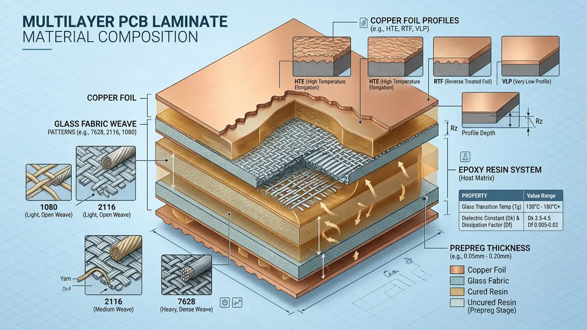 A detailed 3D isometric cutaway diagram illustrating the material composition of a multilayer PCB laminate. The diagram clearly presents core layers including copper foil, glass fabric weaves, resin systems, prepreg stages, and cured resin. Detailed callouts and breakout illustrations highlight: Copper Foil Profiles: Comparing surface roughness (Rz profile depth) for HTE (High Temperature Elongation), RTF (Reverse Treated Foil), and VLP (Very Low Profile) copper foils. Glass Fabric Weave Patterns: Comparing density and yarn structures for styles 1080, 2116, and 7628. Technical Parameters: Listing key epoxy resin properties including Glass Transition Temperature (Tg: 130°C - 180°C+), Dielectric Constant (Dk: 3.5-4.5), and Dissipation Factor (Df: 0.005-0.02). The diagram also indicates typical prepreg thicknesses (0.05mm - 0.20mm) and includes a color-coded legend for all material layers.