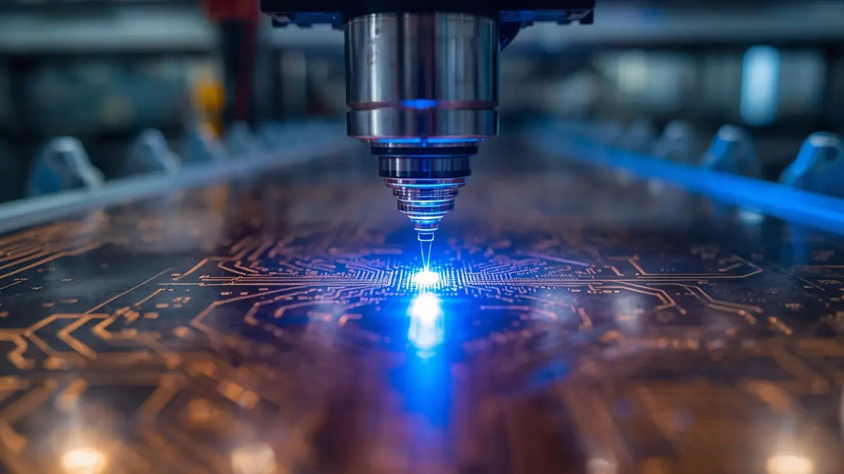 A high-tech close-up of an advanced laser etching machine using a bright blue focused laser beam to process micron-level circuit patterns on a copper-clad laminate.