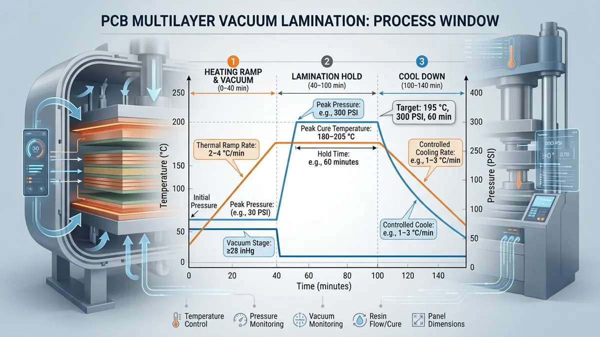An industrial analytical diagram illustrating the PCB multilayer vacuum lamination process window and thermal cure profile. The foreground features a detailed temperature-pressure curve over time (0–140 minutes), divided into three stages: Heating Ramp & Vacuum (0–40 min), Lamination Hold (40–100 min), and Cool Down (100–140 min). Key process parameters are explicitly labeled, including thermal ramp rates (2–4 °C/min), vacuum stage (≥28 inHg), peak cure temperatures (180–205 °C), peak pressure (300 PSI), and controlled cooling rates (1–3 °C/min). In the background, a high-tech vacuum press chamber cross-section is depicted with stacked multilayer PCB panels. The technical layout uses a modern blue and orange color scheme with clear typography, precise data axes, and status icons for temperature control, pressure monitoring, vacuum monitoring, resin flow, and panel dimensions.