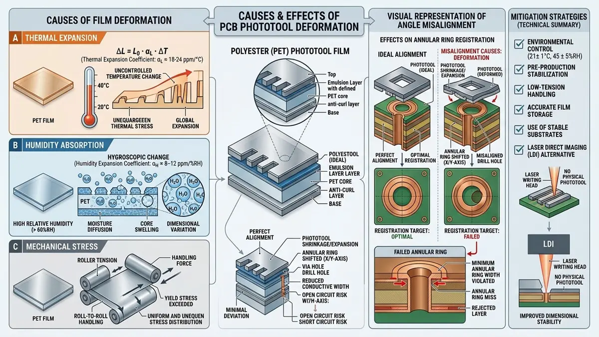 Technical infographic illustrating the causes of PCB phototool film deformation—thermal expansion, humidity absorption, and mechanical stress—and its impact on annular ring registration and alignment.
