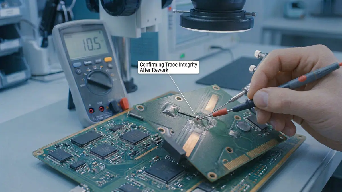 Confirming Trace Integrity After Rework”。(A technician tests a repaired PCB under a microscope with multimeter probes. A text call-out states "Confirming Trace Integrity After Rework
