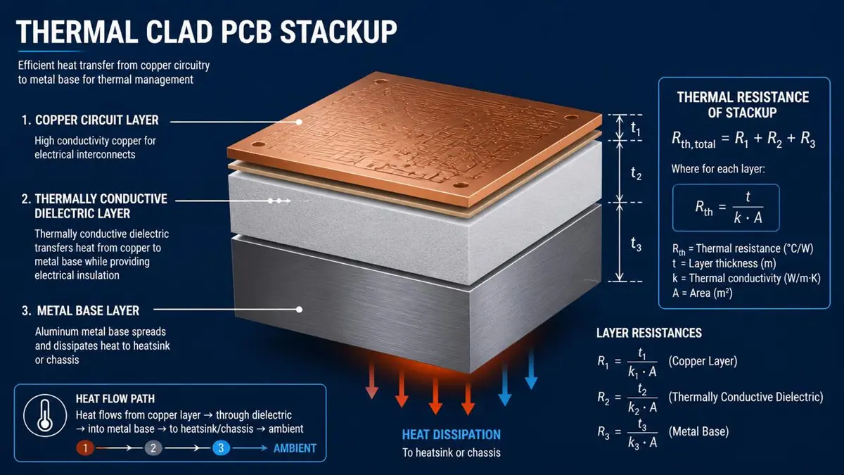 Detailed 3D cross-section diagram of a thermal clad PCB stackup showing the copper circuit, thermally conductive dielectric, metal base, and thermal resistance formulas.